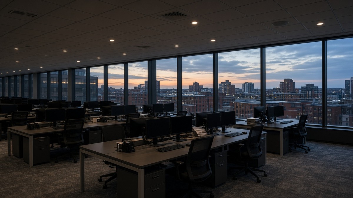 Rows of empty desks on an open-plan office floor at dusk, with a city skyline outside.