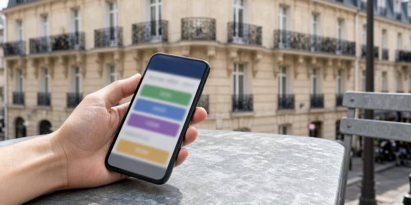 A hand holding a phone with a blurred football betting slip on a Paris café terrace table.