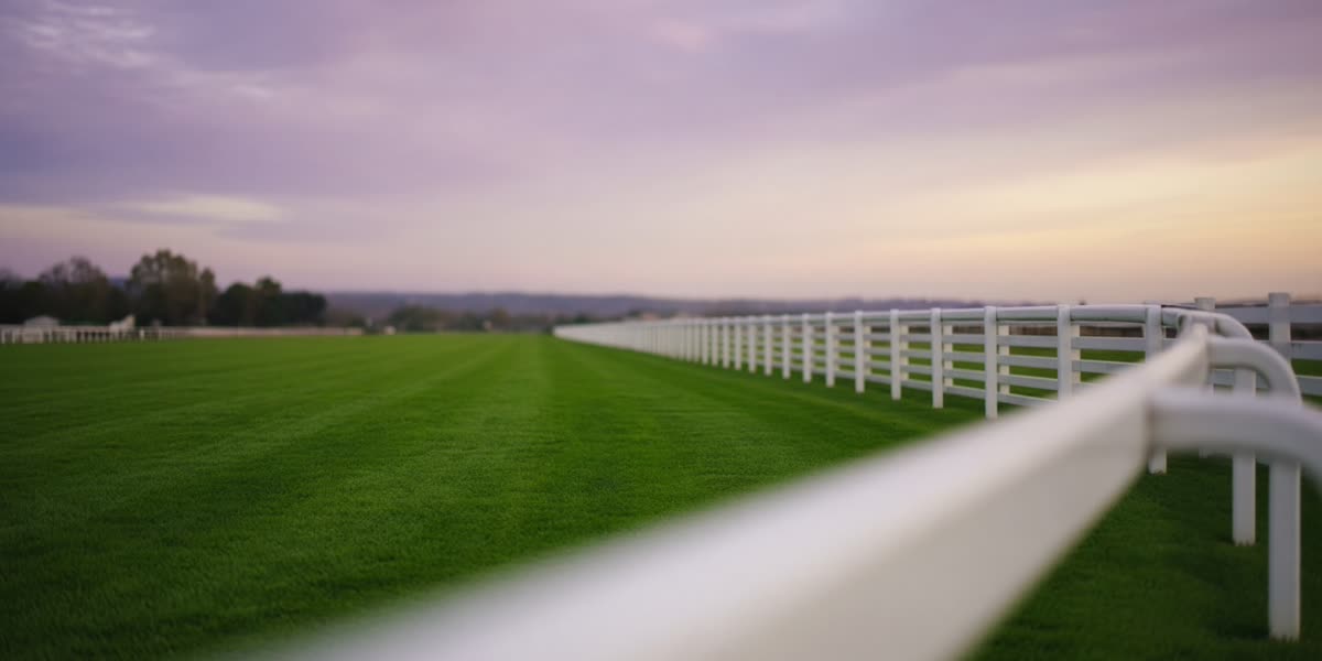 An empty French racecourse rail and turf at dusk.