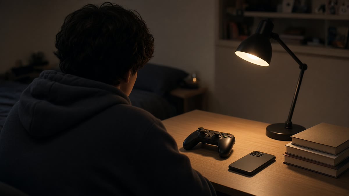 Стол подростка ночью: игровой контроллер, телефон экраном вниз и настольная лампа.