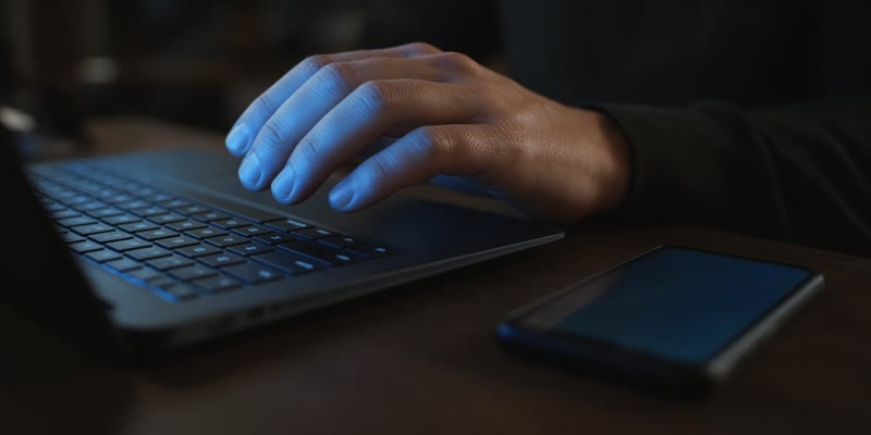 Fingers paused over a laptop keyboard at night, a phone face-down beside it.