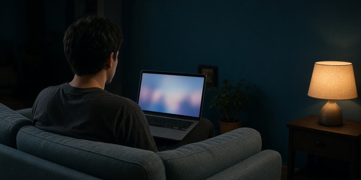 A person on a sofa at night with a laptop, seen from behind in lamplight.