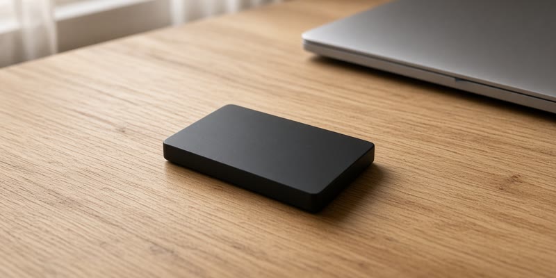 An unbranded hardware wallet on a desk beside a closed laptop.