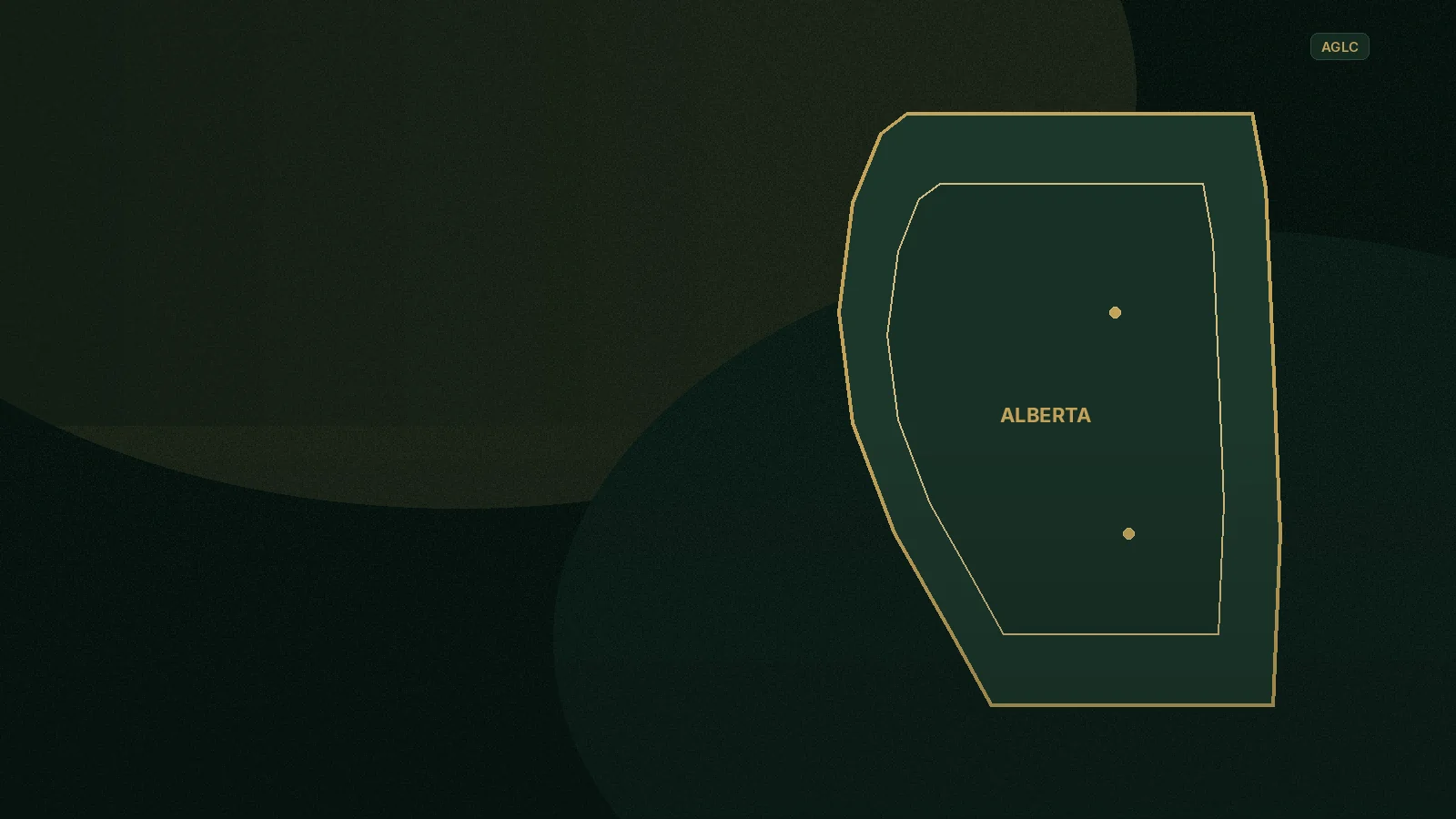 Gold-outlined Alberta map on a dark jungle field
