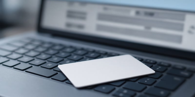 A laptop showing a blurred ID-check form with a blank plastic card on the keyboard.