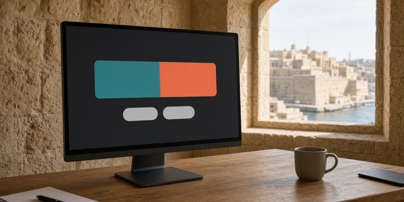 A monitor showing an unbranded two-sided market bar in an office overlooking Valletta's Grand Harbour.