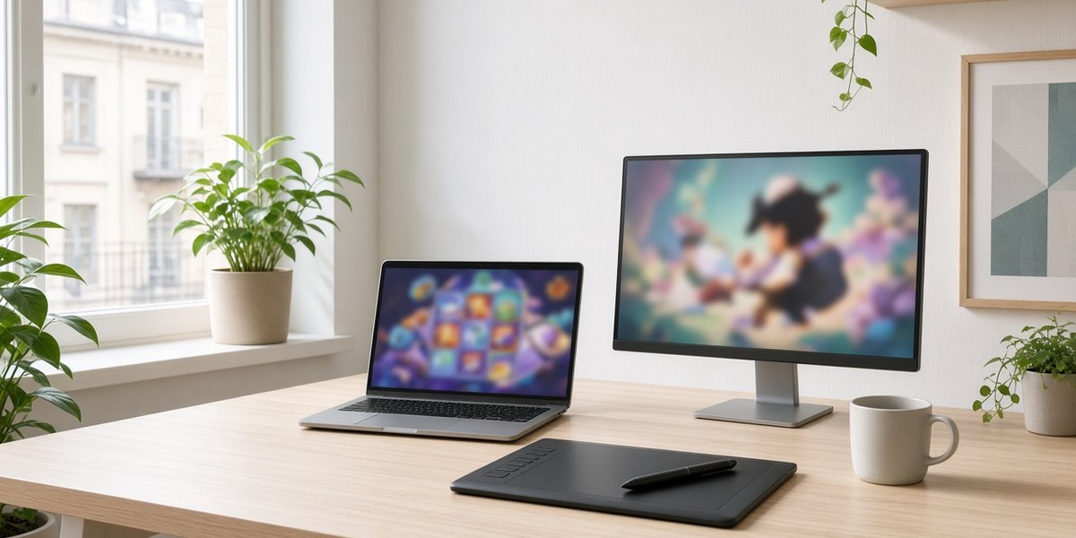 A game-studio desk in daylight with blurred slot-game artwork on two screens.