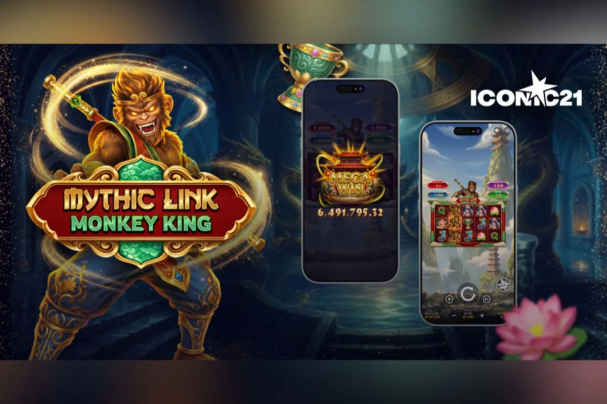 Monkey King with a golden staff beside the Mythic Link: Monkey King lockup