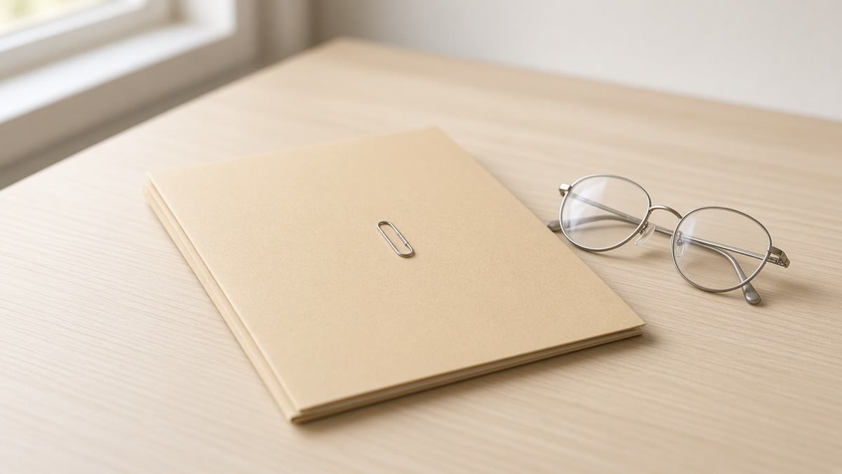 A closed manila folder with a paper clip on a desk beside a pair of reading glasses.