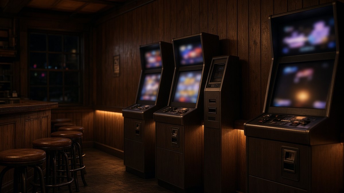A row of video gaming machines and a ticket redemption kiosk in a dimly lit bar.