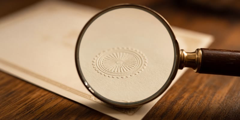 A magnifying glass over a printed certificate with an embossed seal.