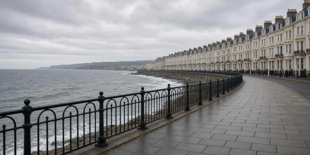 The Douglas seafront promenade on the Isle of Man on a grey morning.
