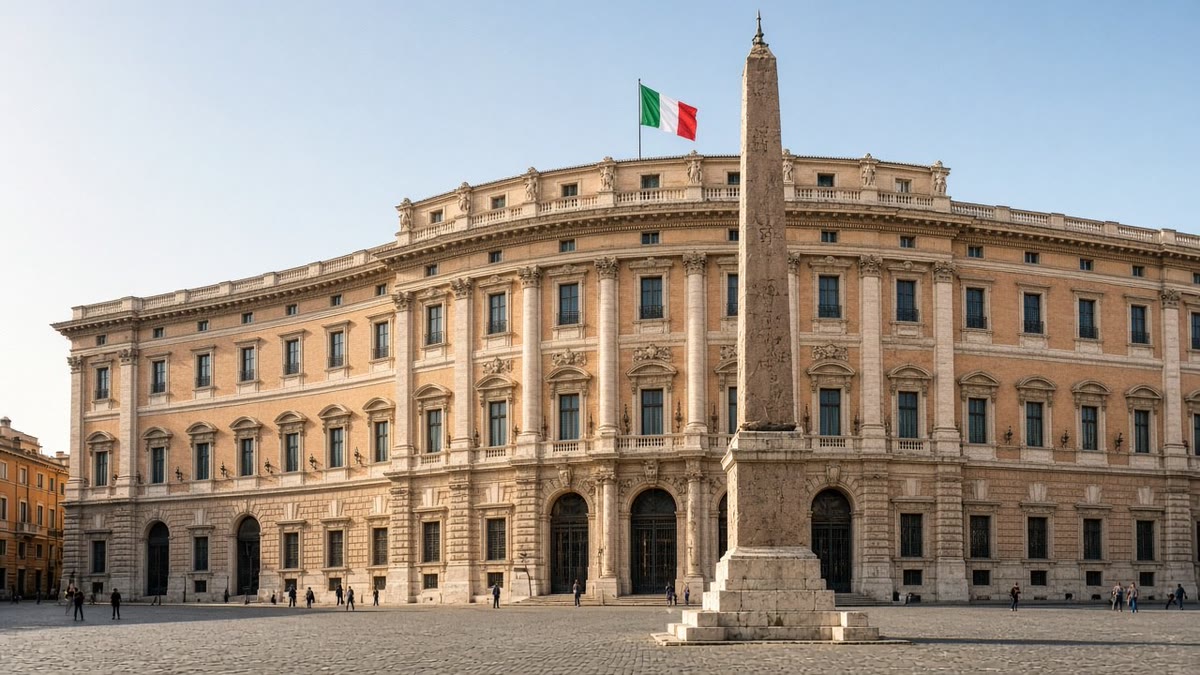The curved stone facade of Palazzo Montecitorio, home of Italy's Chamber of Deputies in Rome, with the obelisk in the square and an Italian flag on the roof in morning light.
