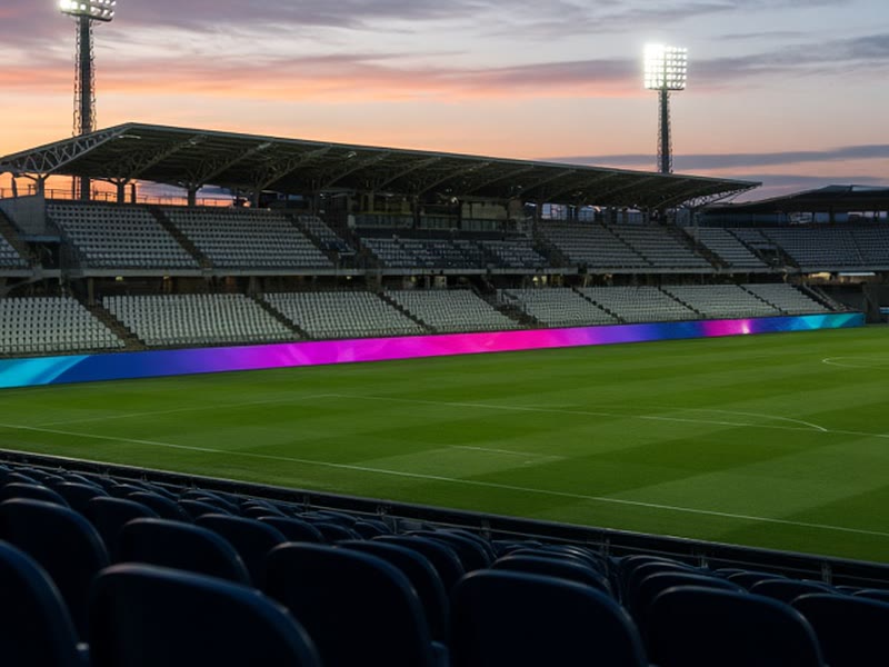 Close-up of a pitch-side LED advertising board showing blurred colour bands.