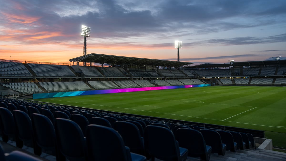 A football stadium at dusk with empty seats and a glowing LED advertising board along the pitch.