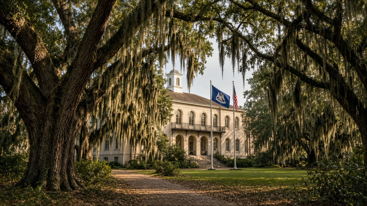 A federal courthouse in Louisiana behind live oak trees, with the Louisiana and US flags flying.