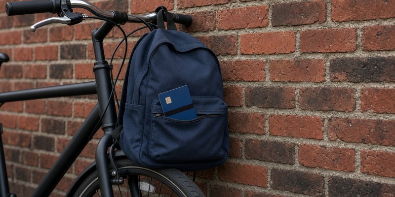 A school backpack on a bike handlebar against a brick wall, with a debit card in its front pocket.