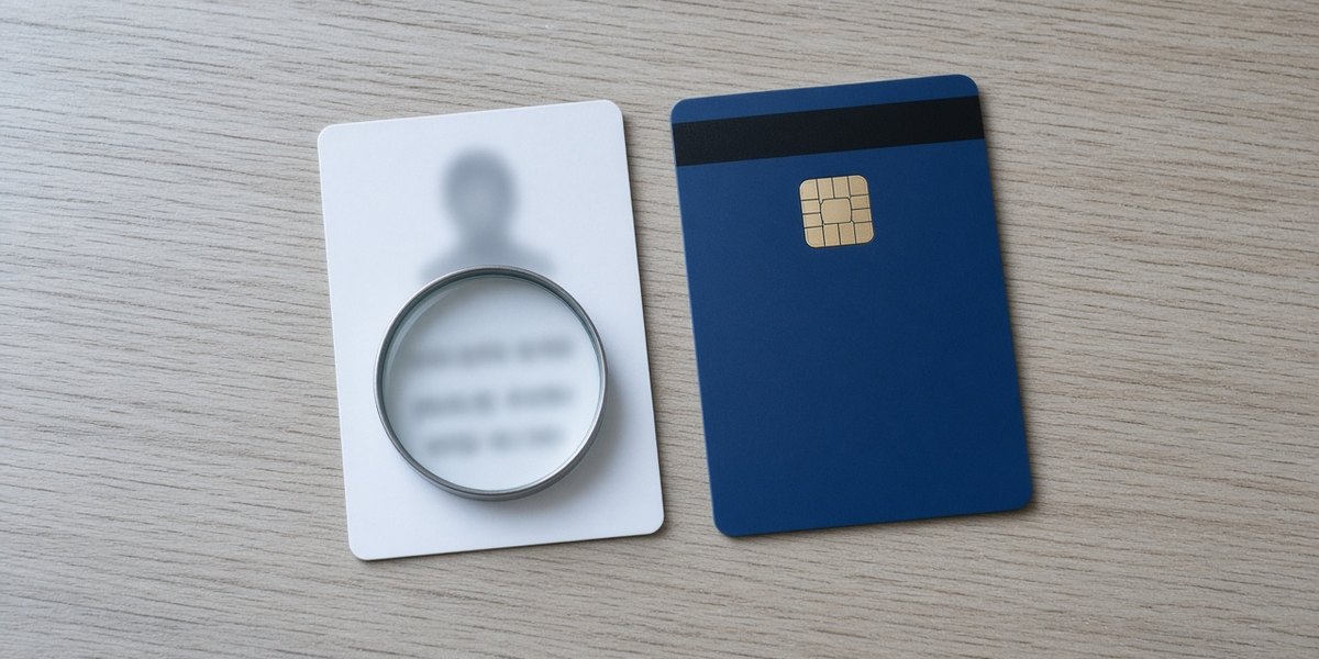 An identity card and a debit card side by side on a desk, with a magnifying glass over the name on the ID.