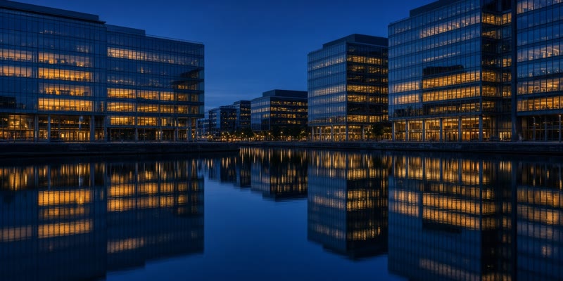 Glass office buildings reflected in the water of a Dublin dock at dusk.