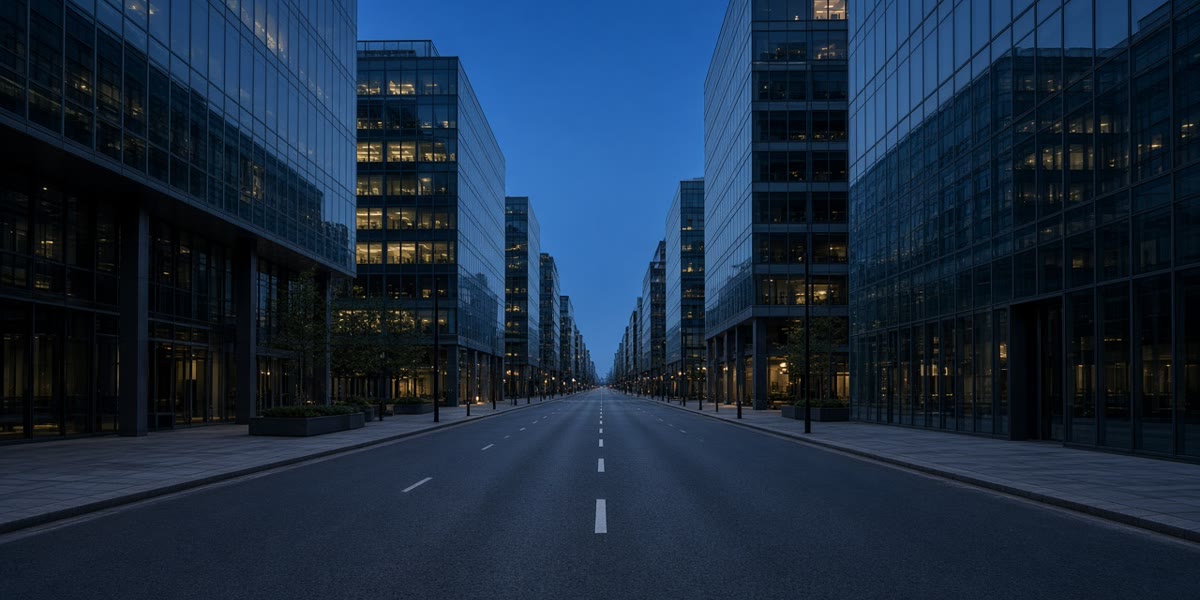 Fachadas de oficinas acristaladas a lo largo de un muelle de Dublín al anochecer.