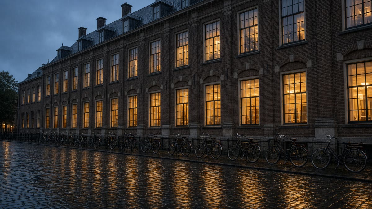 A brick government office building in the Netherlands at dusk in the rain, with bicycles parked on wet cobblestones.