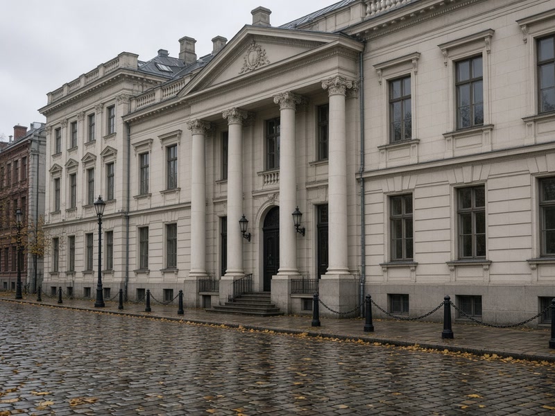 The façade of the Saeima building in Riga under a grey sky.