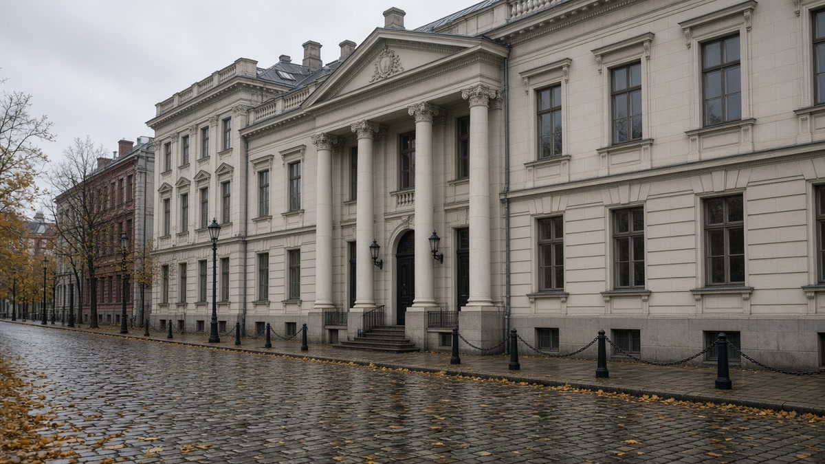 The Latvian parliament building in Riga on an overcast autumn morning.