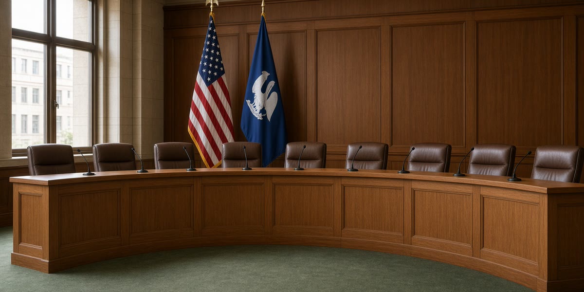 Empty wood-panelled committee desks and microphones in soft light.