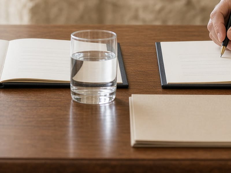 Two hands signing two documents side by side on a table.