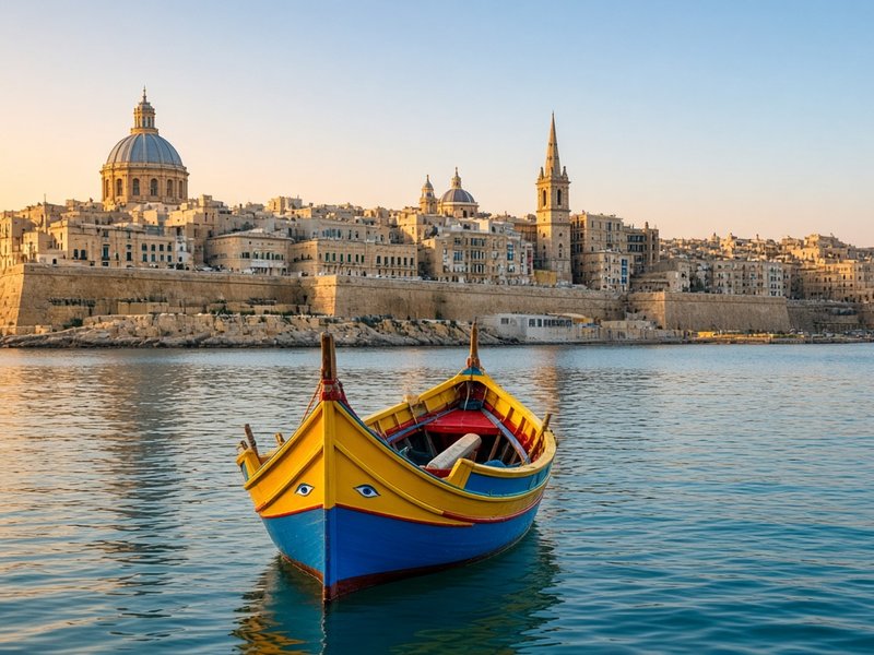 A painted Maltese luzzu fishing boat on calm water in front of Valletta's limestone bastions and church domes at sunrise.