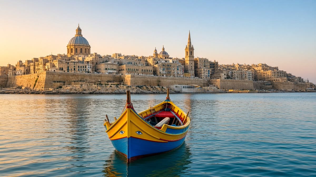 A painted Maltese luzzu fishing boat on calm water in front of Valletta's limestone bastions and church domes at sunrise.