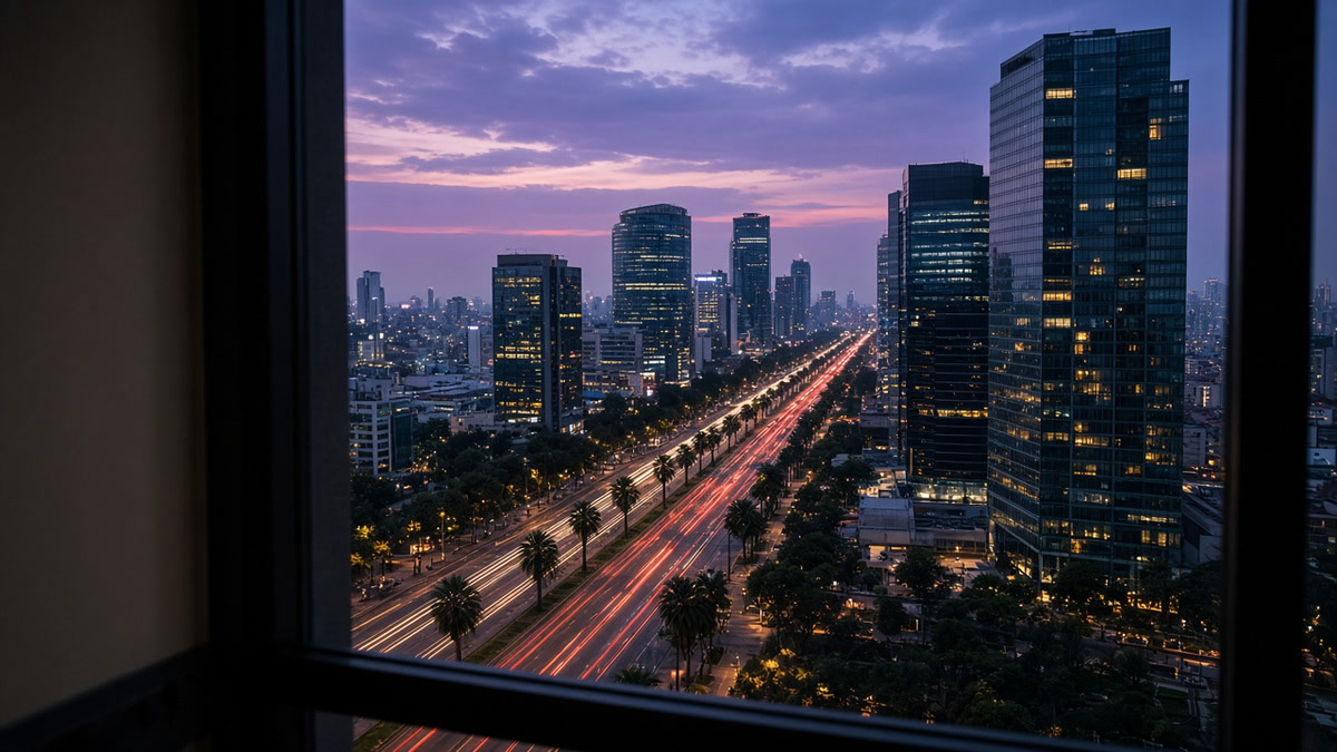 Paseo de la Reforma in Mexico City at dusk, seen from a high window.