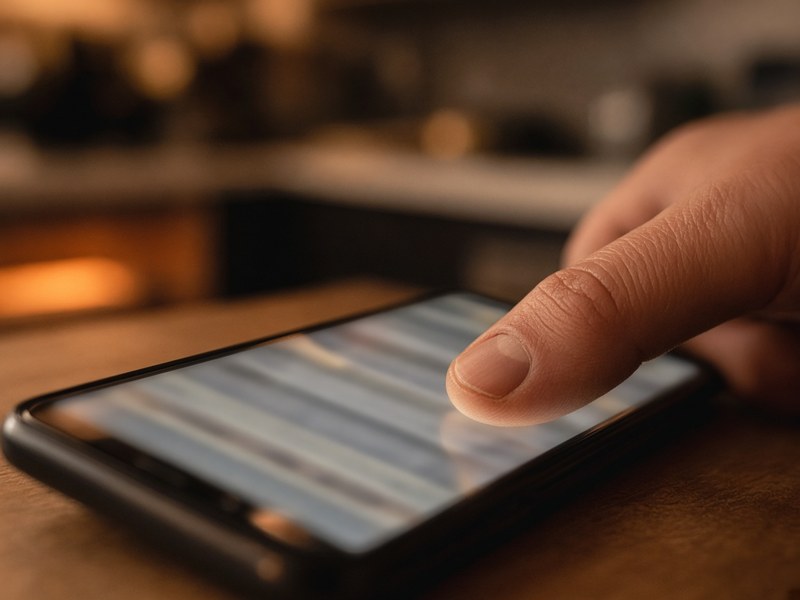 Close-up of a thumb closing an item on a blurred phone screen.
