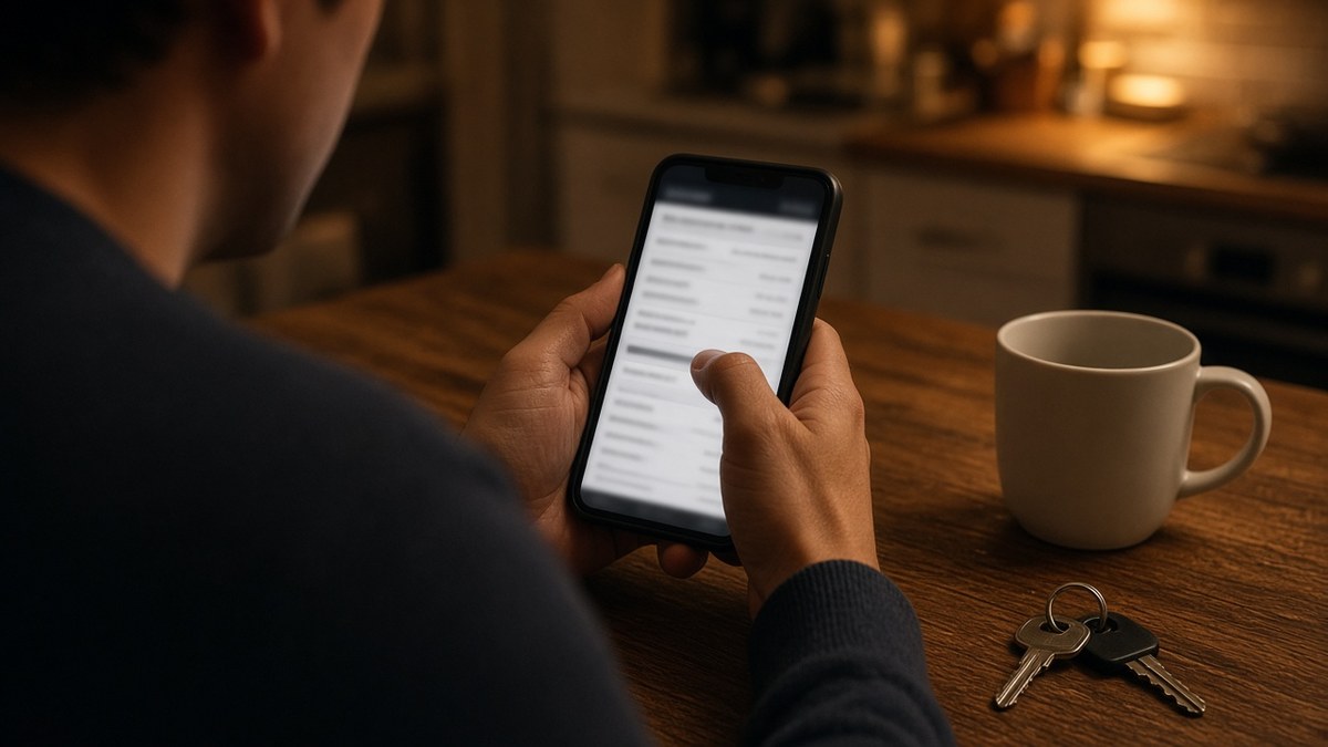 En voksen ved et køkkenbord stryger en post væk på en smartphone med sløret skærm.