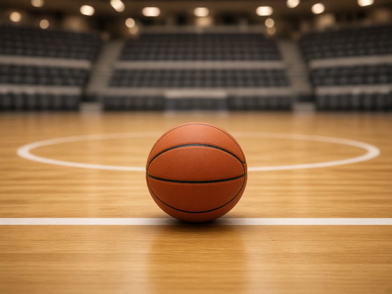 A basketball resting on the centre line of a hardwood court.