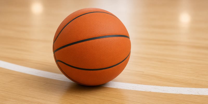 A basketball resting on the centre circle of a hardwood court.