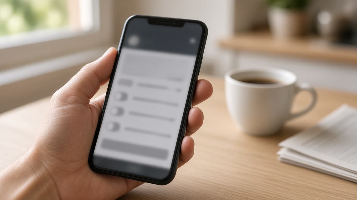 A hand holding a phone with an account-settings screen over a kitchen table in morning light.