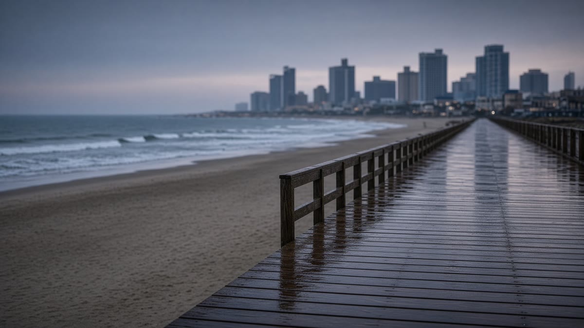 The Atlantic City boardwalk at dusk after rain, with casino towers in the background.