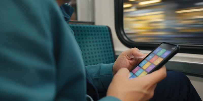 A thumb over a phone screen of blurred colourful tiles on a commuter train.