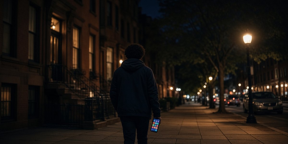 Eine Person von hinten auf einer nächtlichen Straße in einer Stadt, mit einem Handy, auf dem unscharfe bunte Kacheln zu sehen sind.