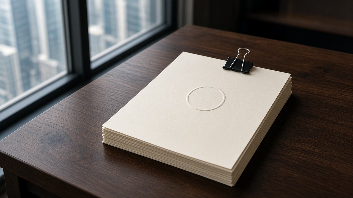 A stack of legal papers held by a binder clip on a wooden desk in window light.