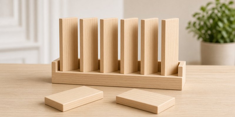 Plain wooden bidding paddles in a rack on a timber table, some laid flat.