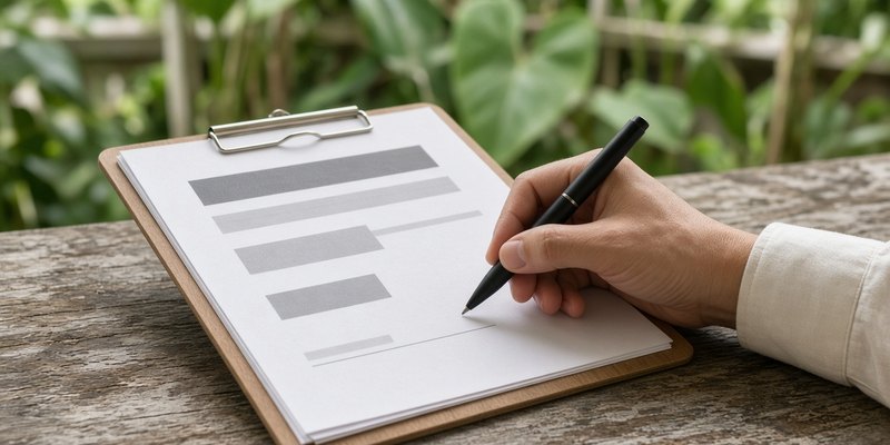 A hand signing a printed document on a clipboard at an outdoor table.