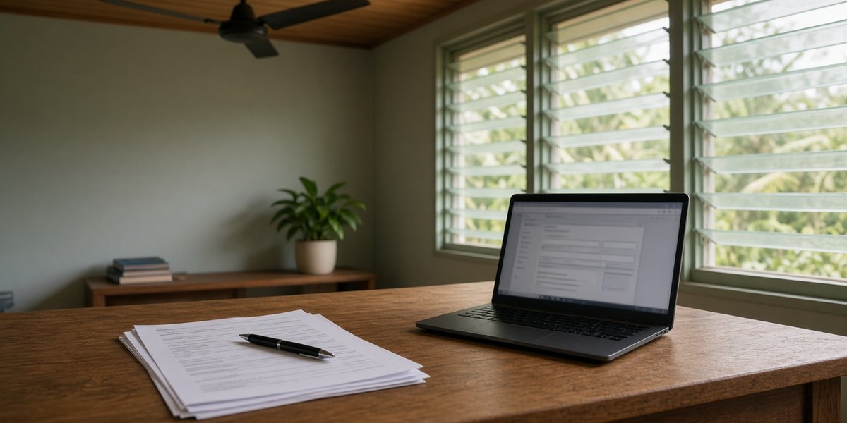 A desk with a printed submission form, a pen and a laptop showing a blurred web form.