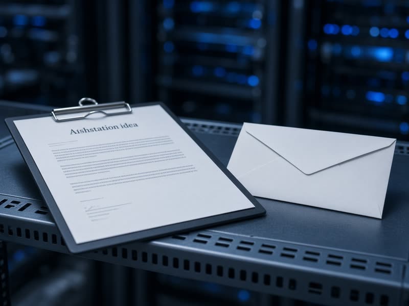 A printed letter on a clipboard next to a sealed envelope in a server room.