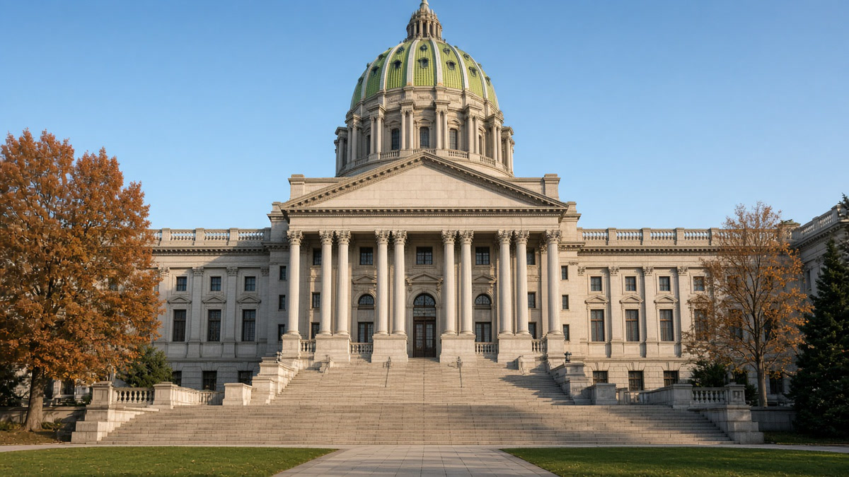 Delstatskapitolet i Harrisburg i Pennsylvania med den grønne kuppel under klar himmel.