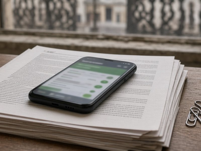A smartphone lying on a stack of printed regulation pages.
