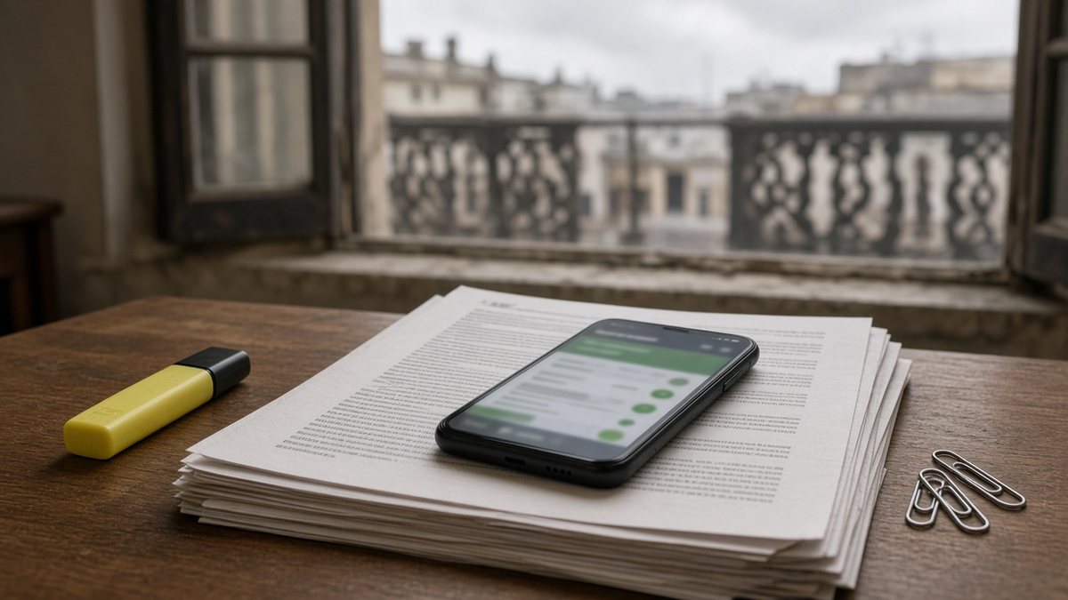 Et printet udkast til dekret og en smartphone på et skrivebord i et offentligt kontor.