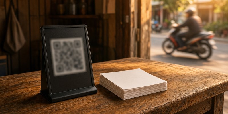 An unbranded QR payment stand on a wooden shop counter.