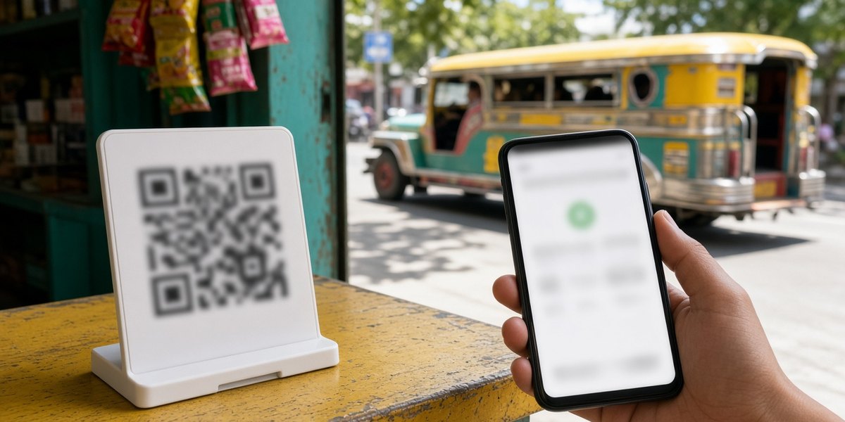 En hånd holder en mobil ved et QR-betalingsstativ på en lille butiksdisk i Manila.